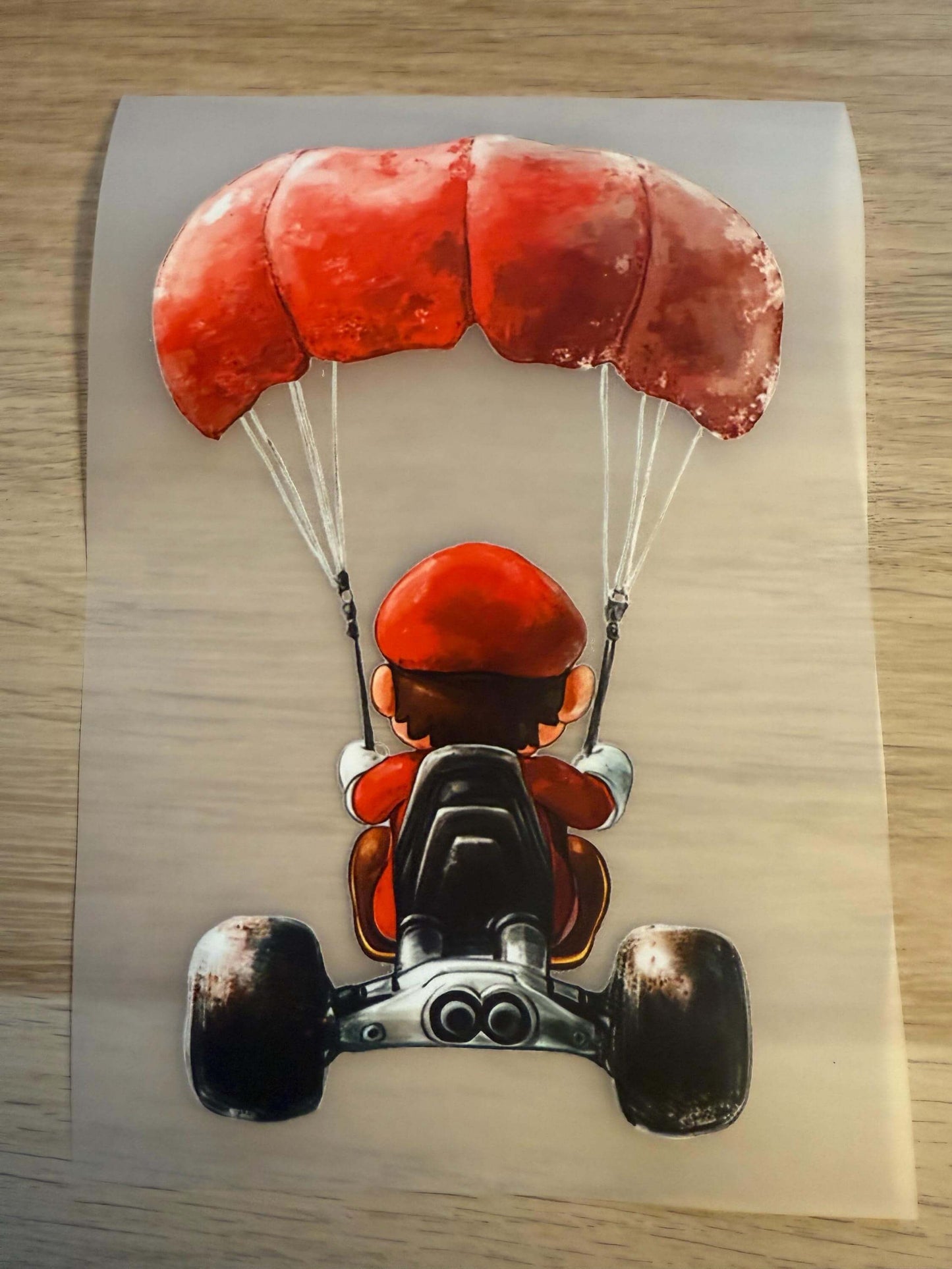 Bügelbild Flitzer mit Fallschirm, Auspuff und Rennwagen-Details