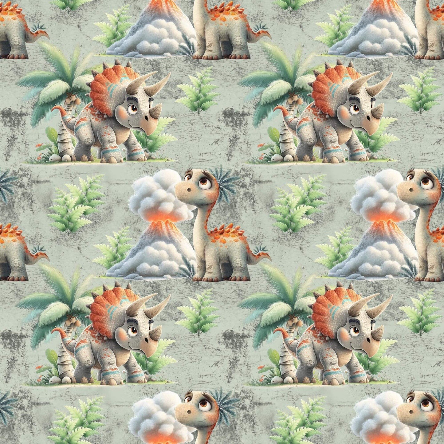 „Baumwollstoff mit Dino und Vulkan – Meterware fuer kreative Nähideen“