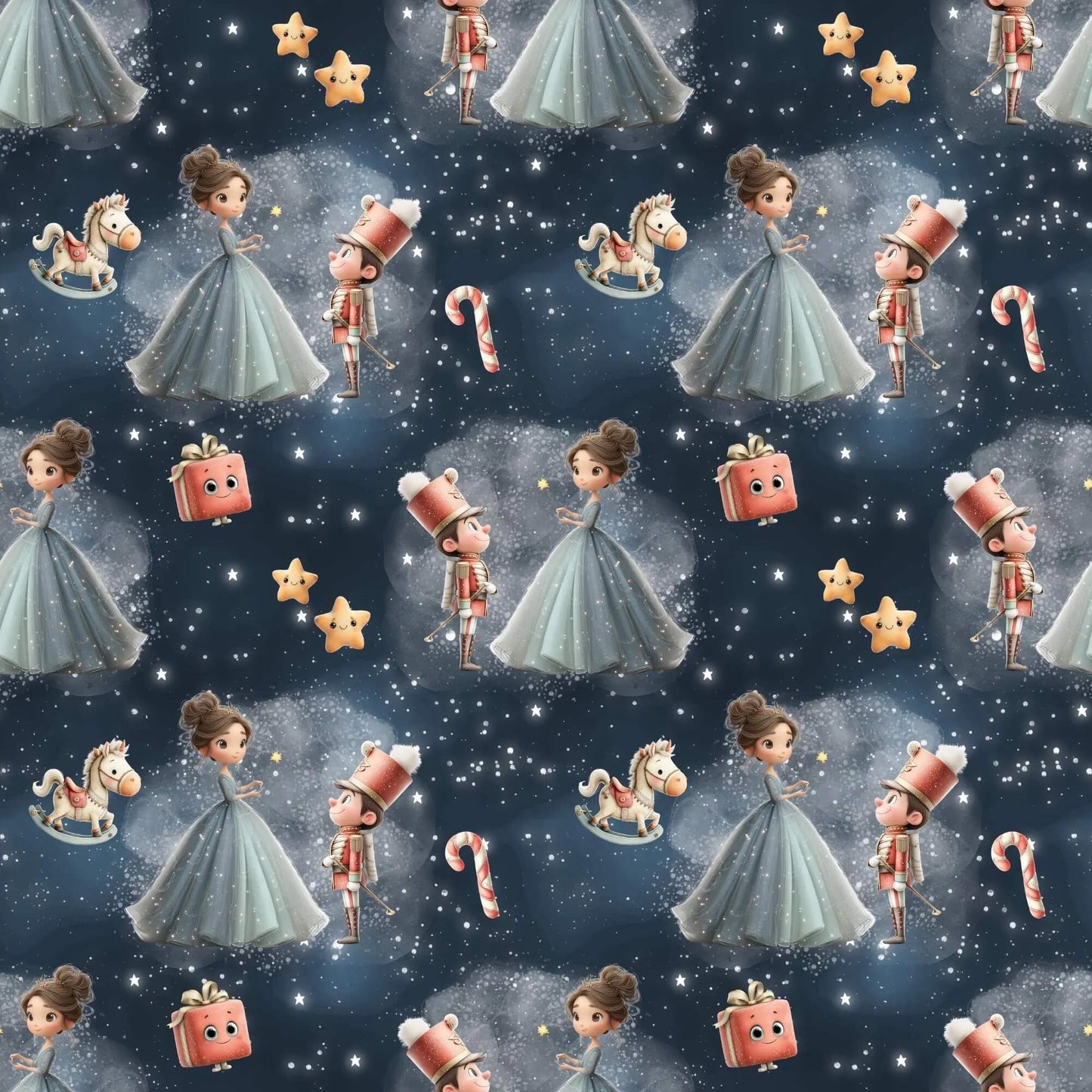 „Baumwollstoff mit Nussknacker-Motiv auf Sternenhimmel – Meterware für kreative Nähideen“