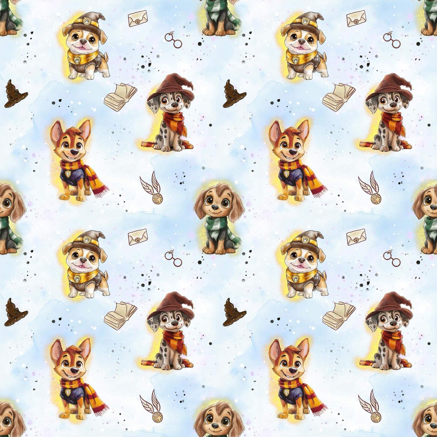 „Baumwollstoff mit Hund und Zauberbuch – Meterware fuer kreative Nähideen“