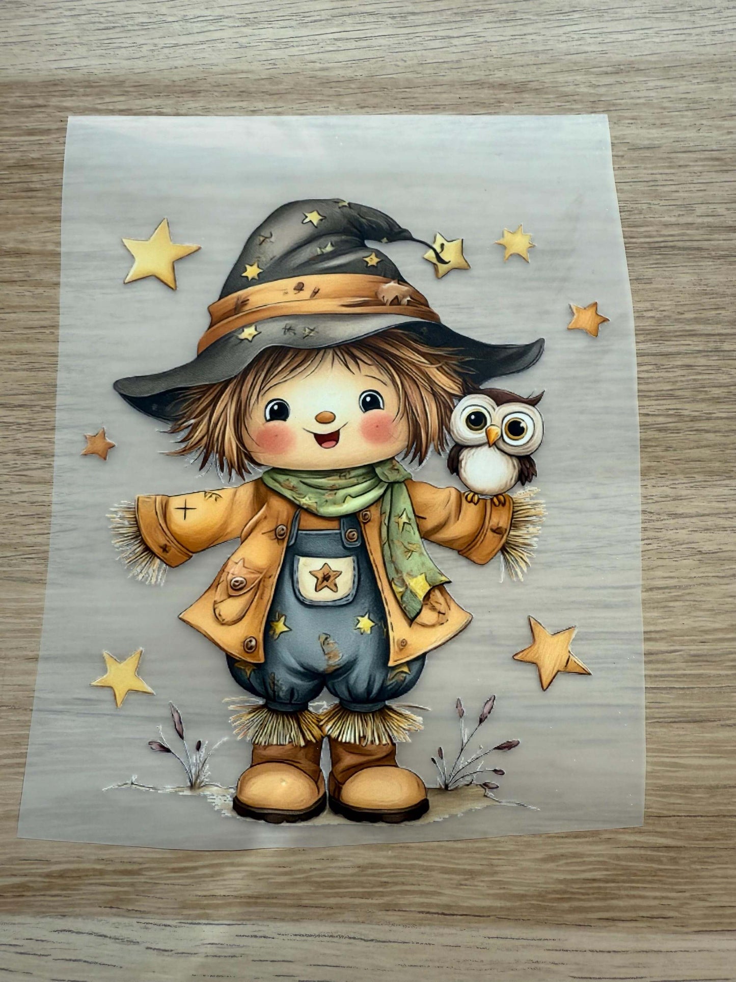 Buegelbild Herbstmotiv mit Vogelscheuche und kleinen Sternen