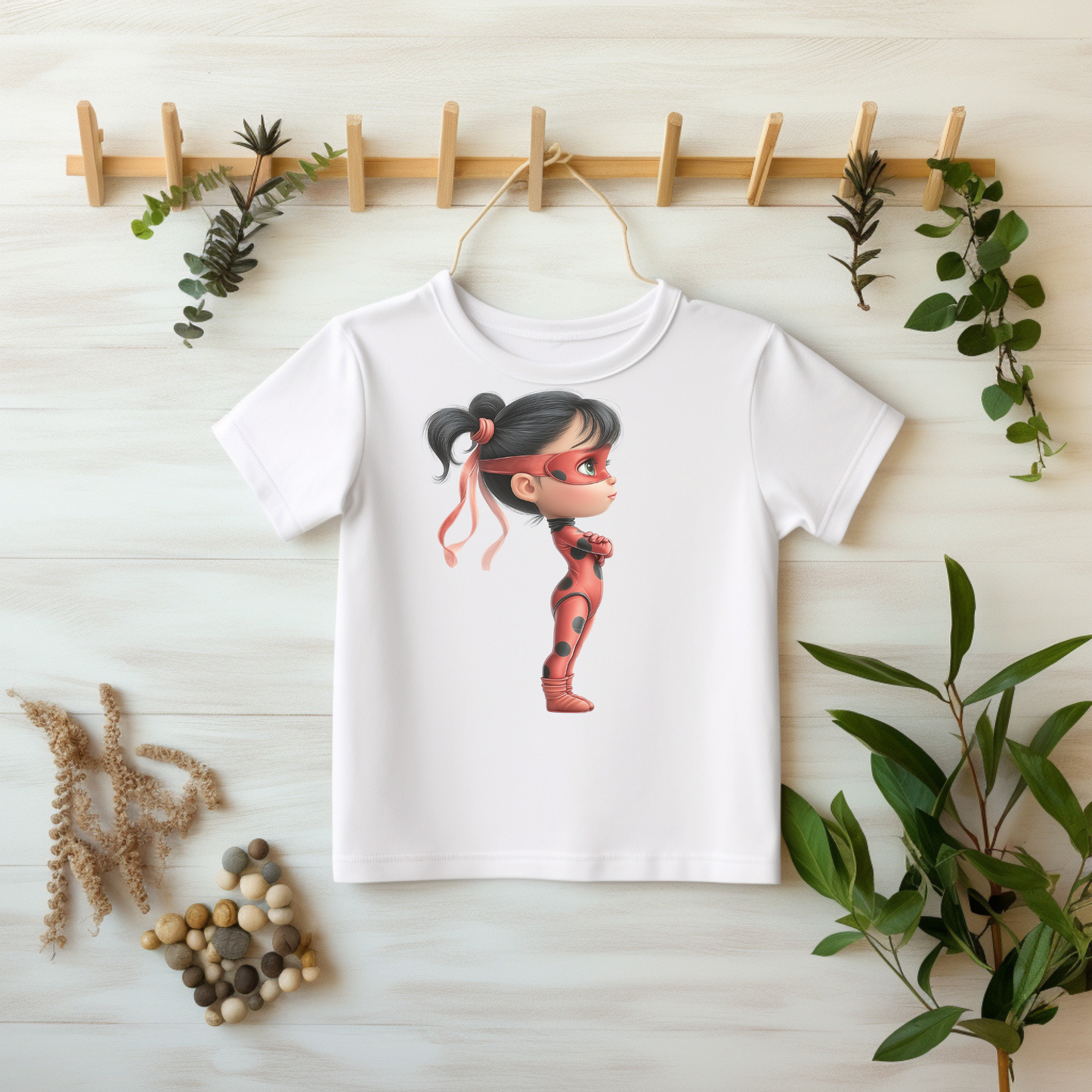 Buegelmotiv Maedchen in rot schwarzem Outfit mit Maske und Zopf