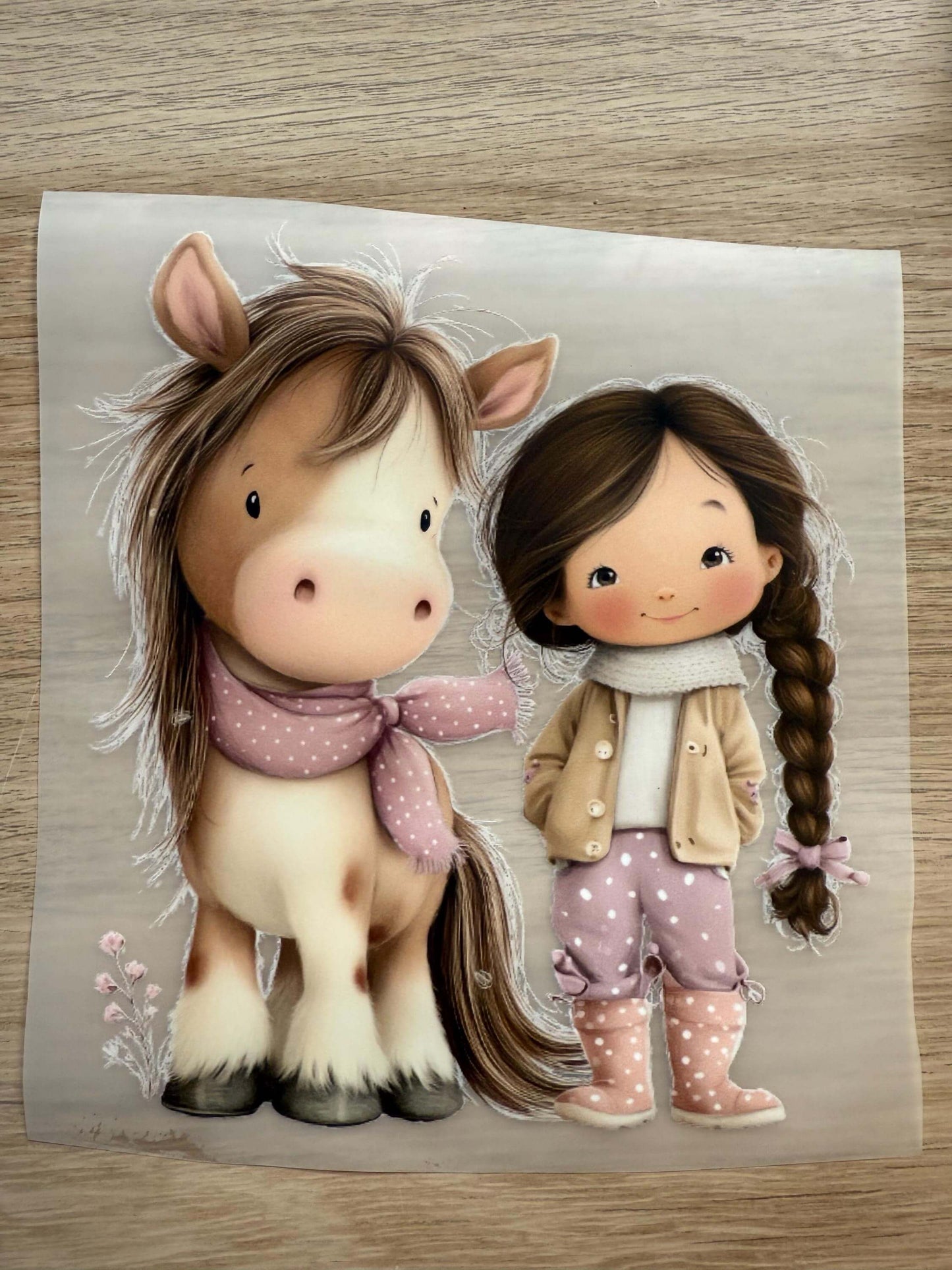 DTF Bügelmotiv Mädchen mit Pony und Schal für DIY Projekte