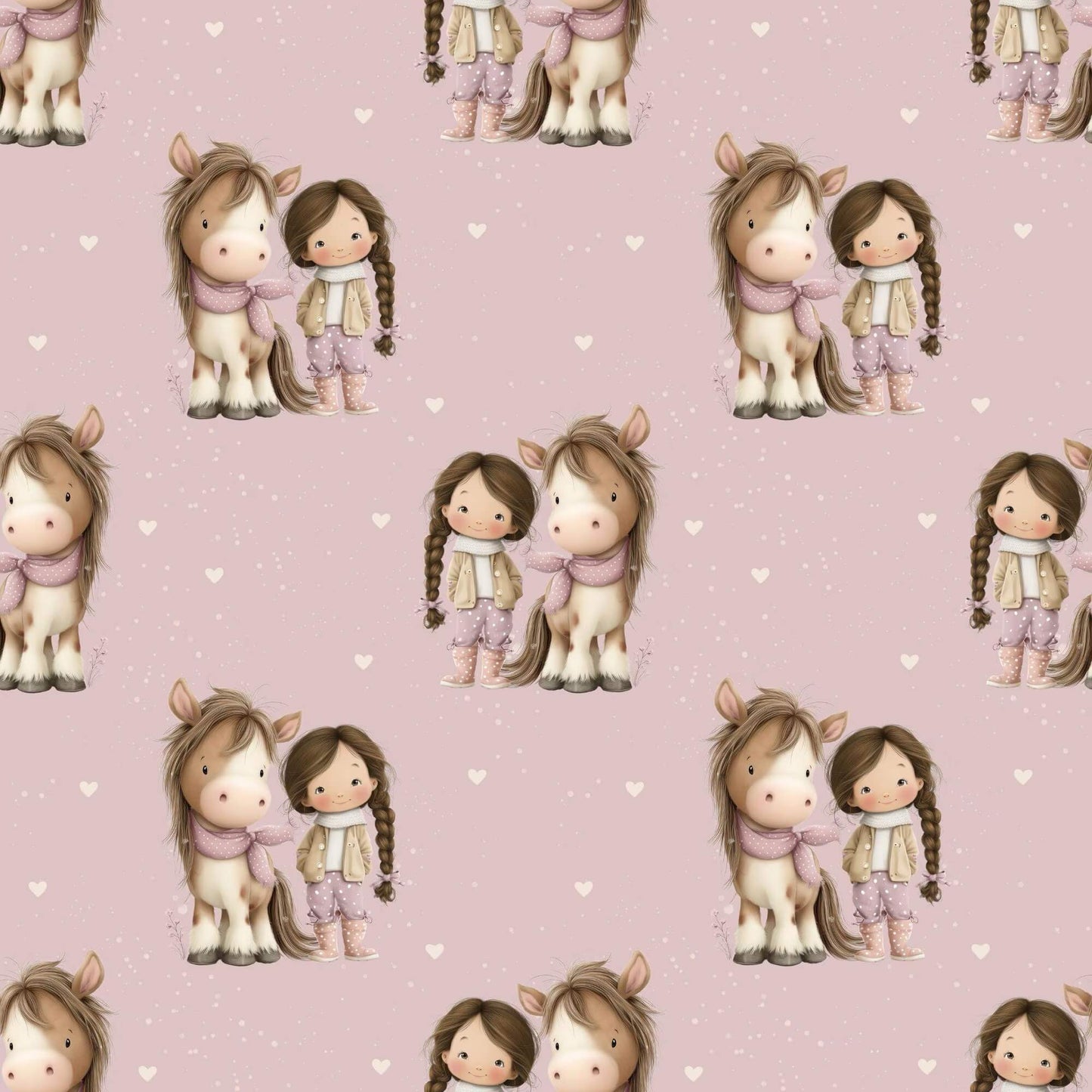 Baumwollstoff mit Pferdemädchen auf rosa Hintergrund – Meterware für kreative Nähideen