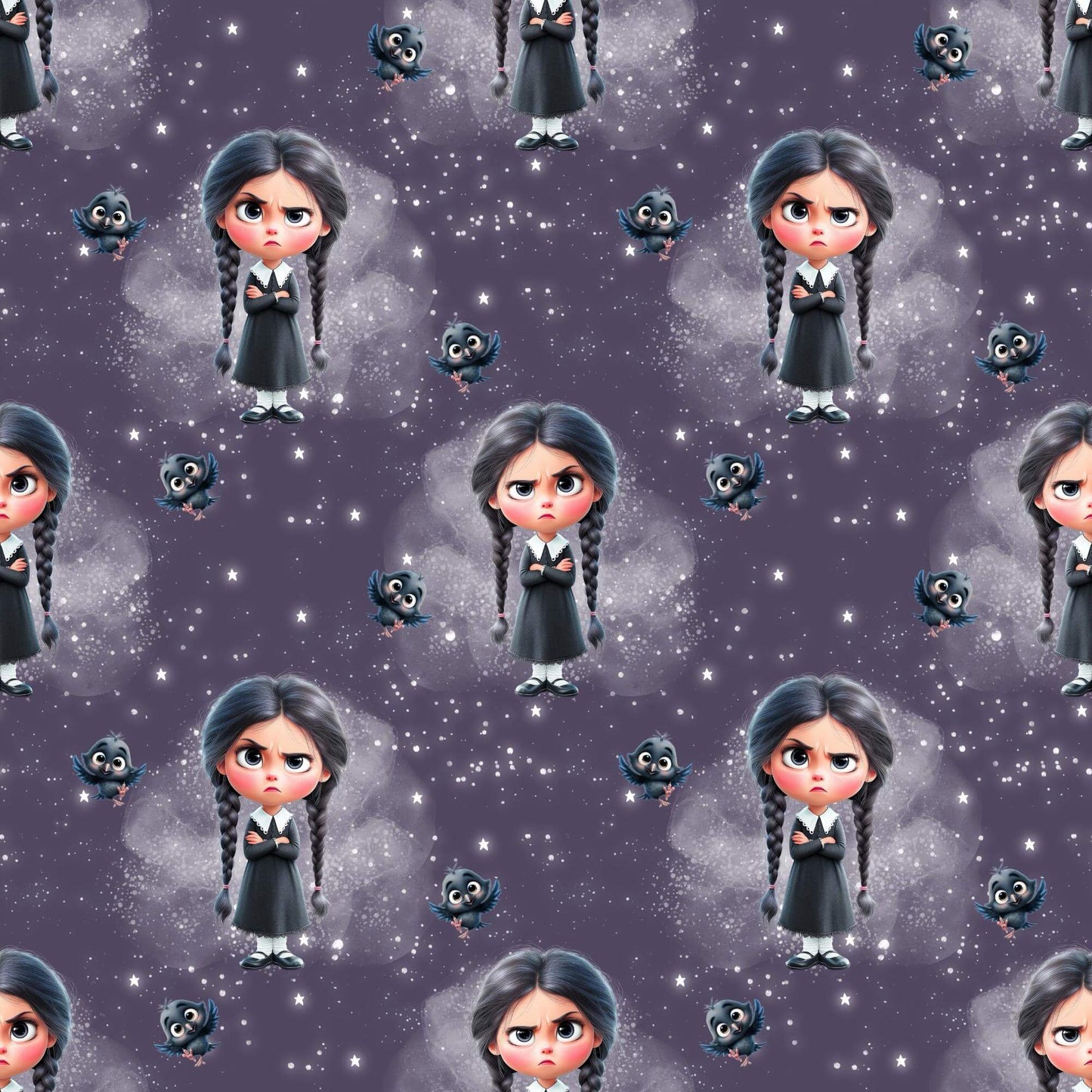 „Baumwollstoff mit Wednesday-Motiv & Katzen – Meterware für individuelle Nähideen“