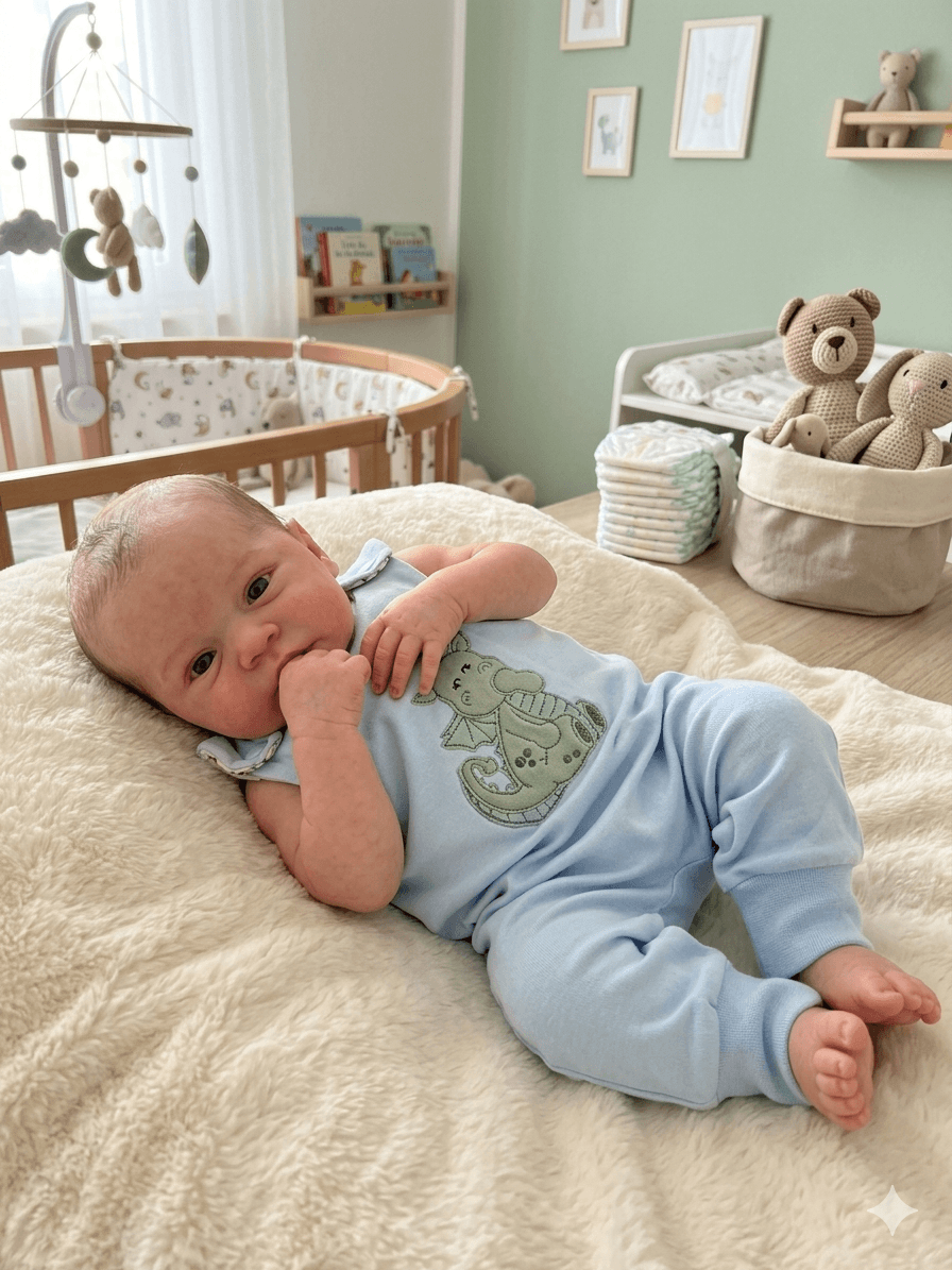 2. Das Baby liegt entspannt auf einer Decke und präsentiert den Strampler in natürlicher Alltagsszene.
