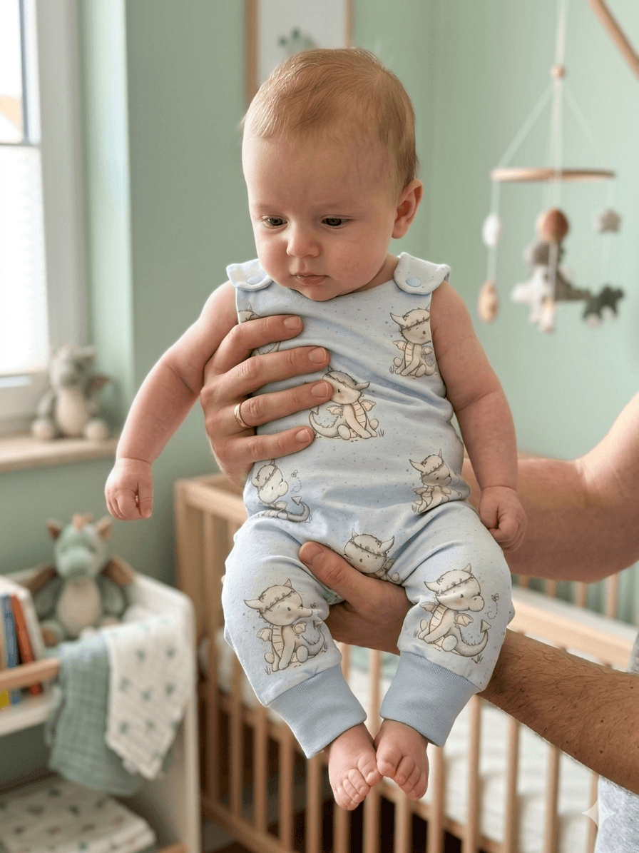2. Handgemachter Baby Pullover Größe 62 mit blauem Drachenstoff, auf Holzoberfläche dekoriert
