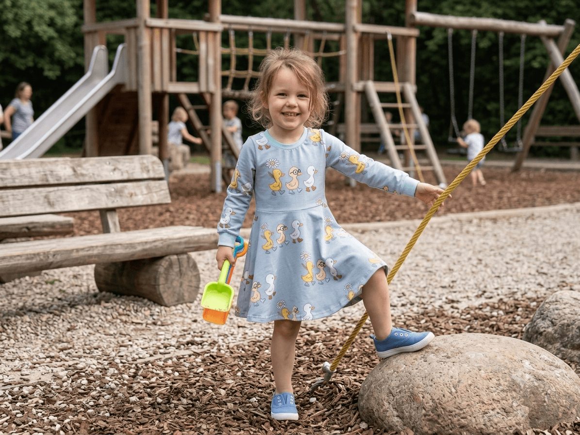 Mädchen trägt Kleid "Frühlingsbote" mit Enten und Gänseblümchen beim Spielen
