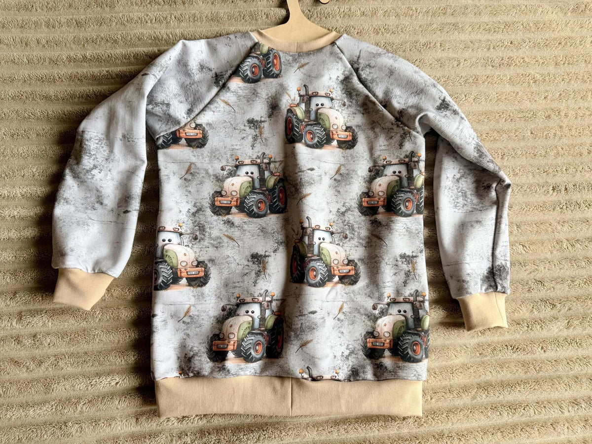 Rückansicht Raglan Pullover Kinder grau mit Traktor-Print
