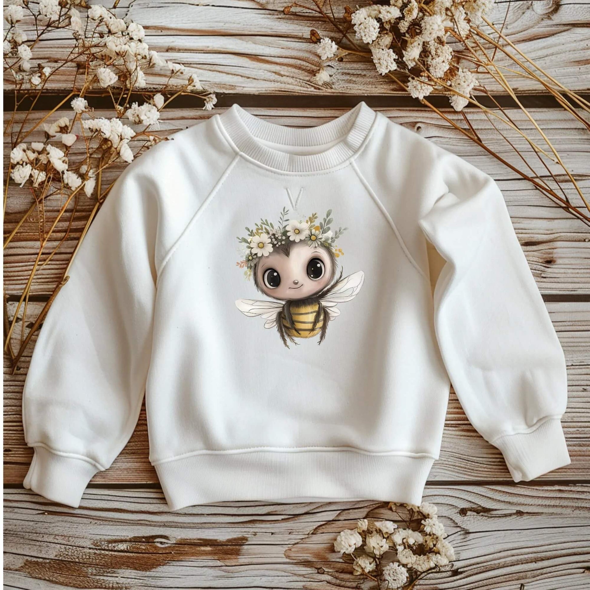 Bügelbild Biene 15x14cm auf DTF Folie mit Blumenkranz