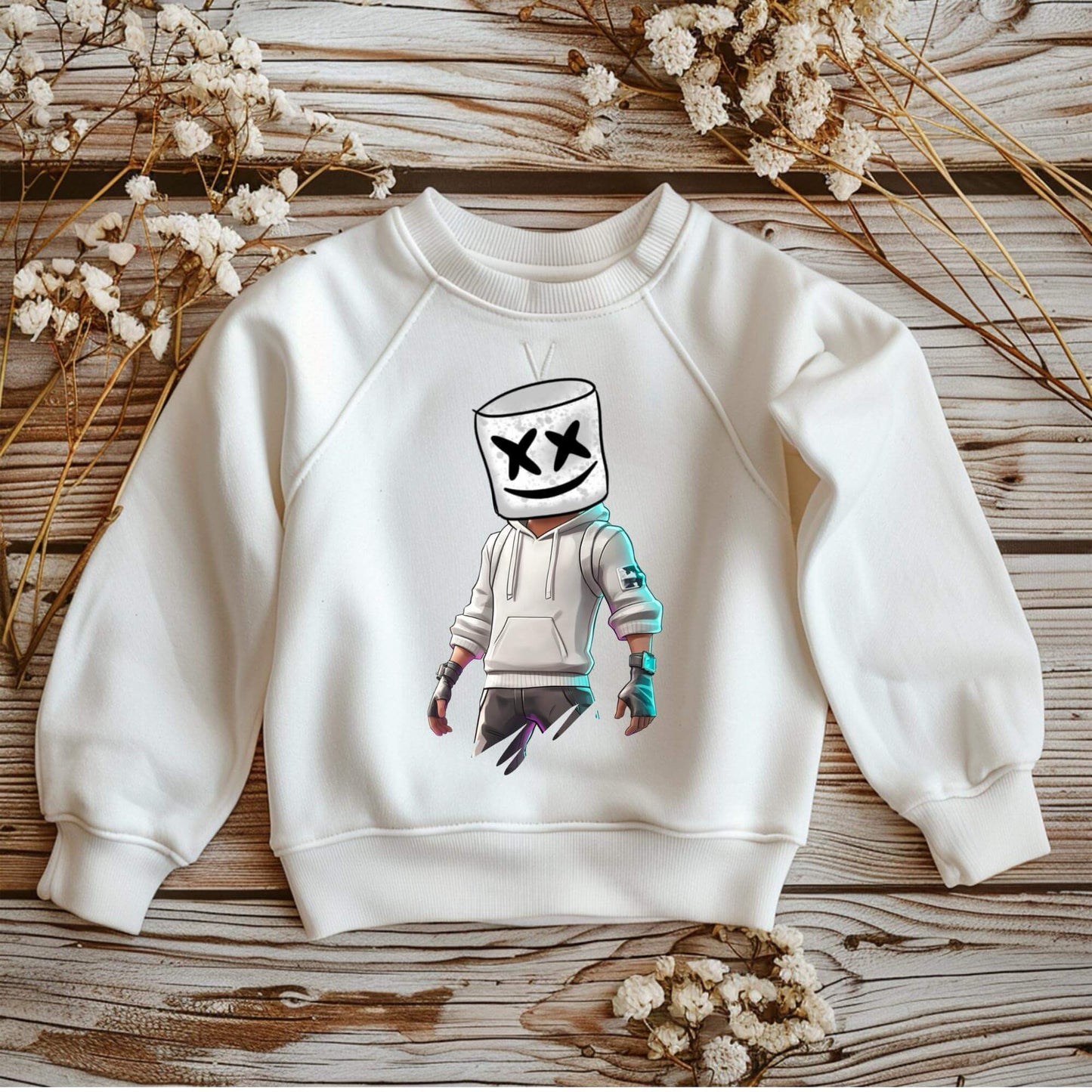 Bügelbild Marshmello Mann 21x13cm auf DTF Folie mit weißem Hoodie
