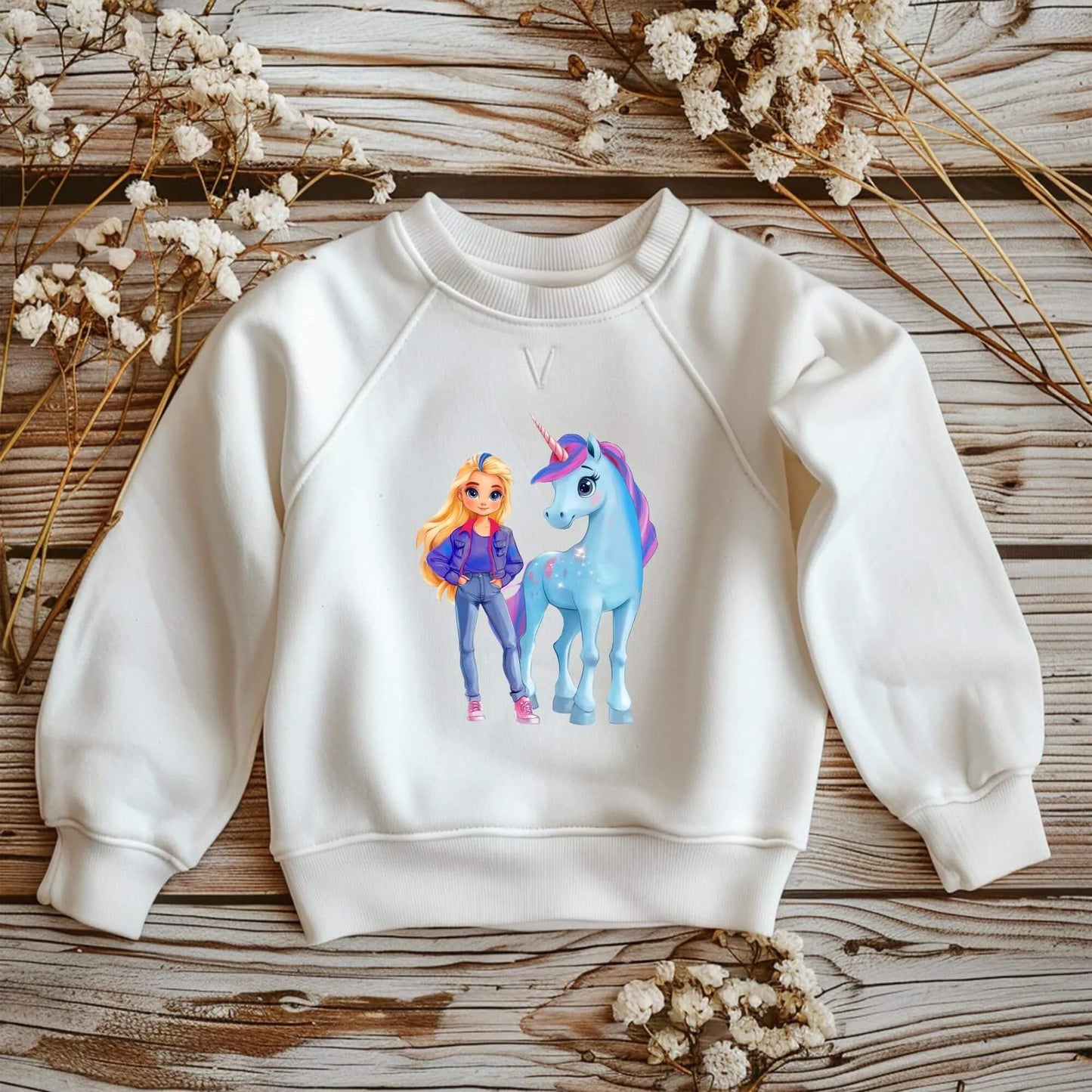 Bügelmotiv Mädchen mit Einhorn in Blau‑ und Pastelltönen