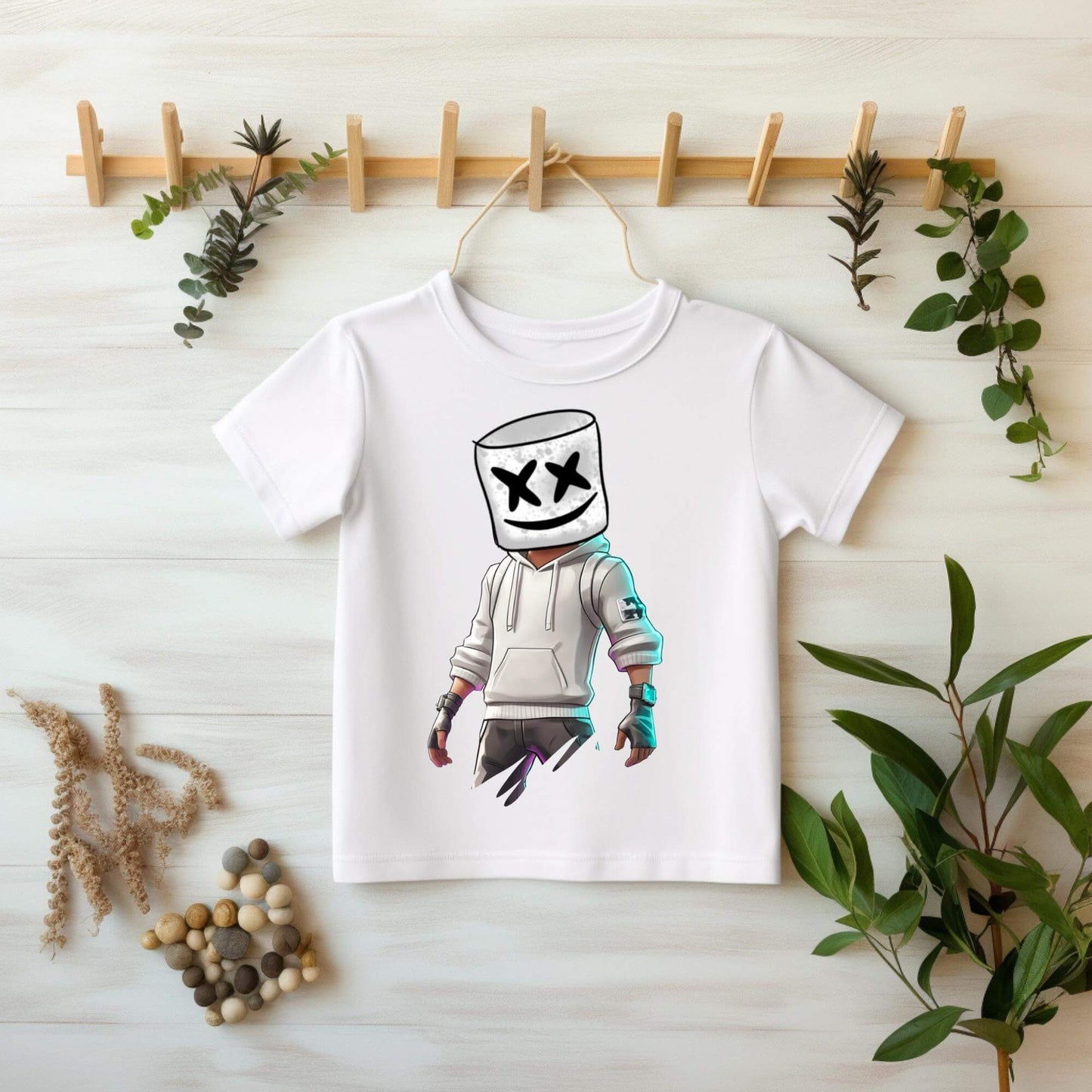Bügelmotiv Marshmello Mann mit markantem Kopf und cooler Pose