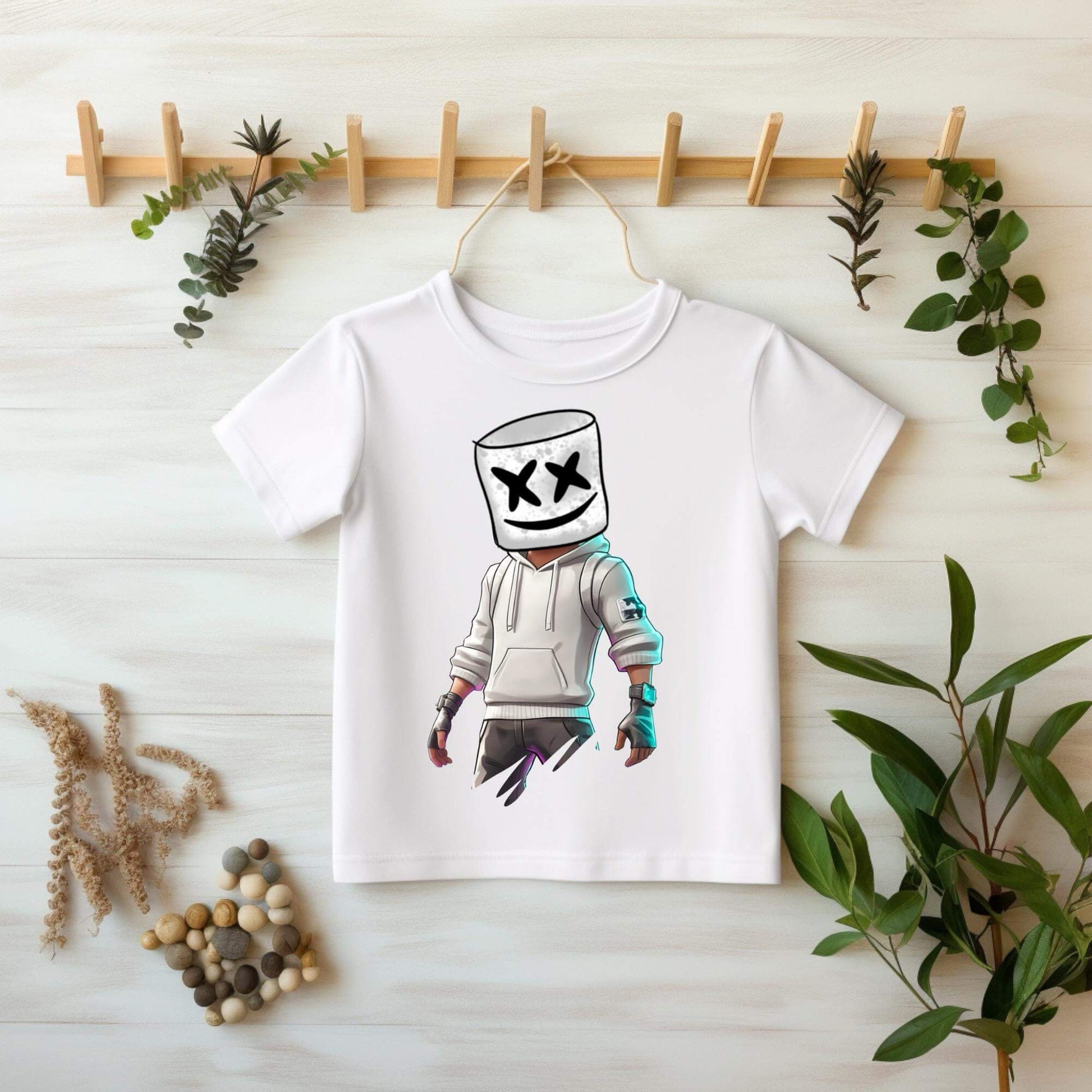 Bügelmotiv Marshmello Mann mit markantem Kopf und cooler Pose