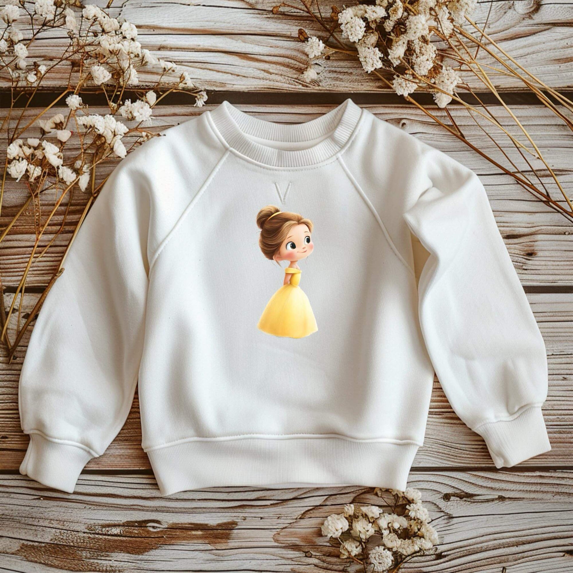 Bügelmotiv Prinzessin mit gelbem Ballkleid und freundlichem Ausdruck