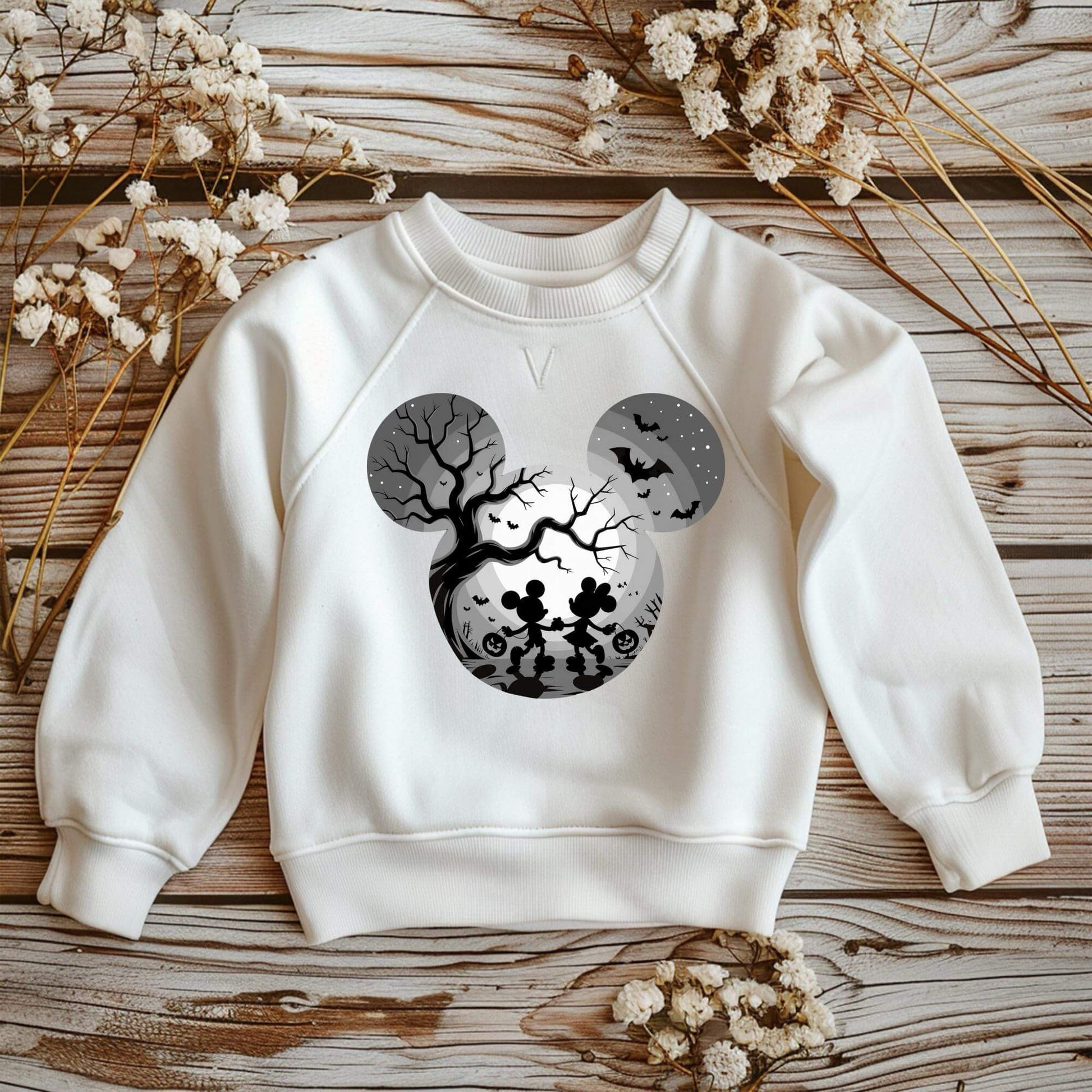 Bügelmotiv zwei Figuren bei Vollmond mit Kürbissen und Fledermäusen