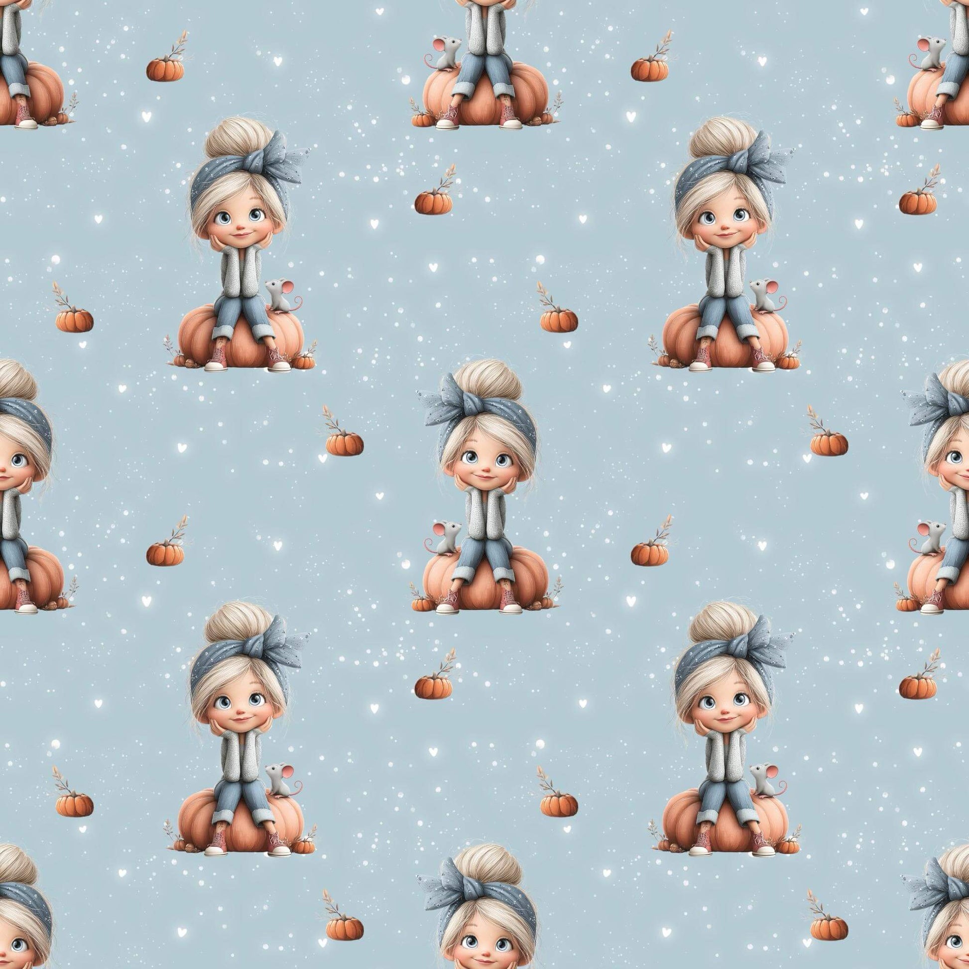 „Baumwollstoff mit Maedchen und Kürbis – Meterware fuer kreative Nähideen“