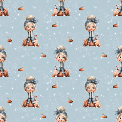„Baumwollstoff mit Maedchen und Kürbis – Meterware fuer kreative Nähideen“