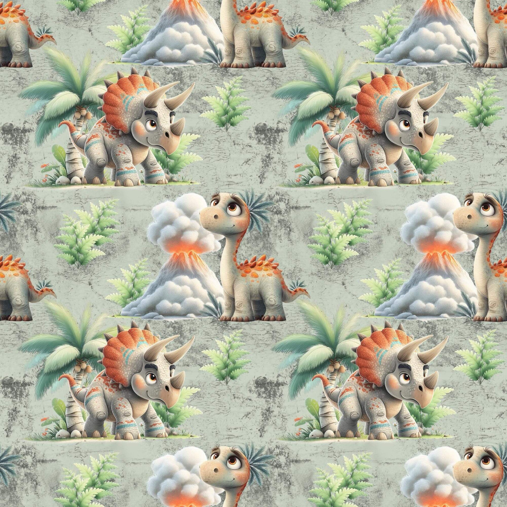 „Baumwollstoff mit Dino und Vulkan – Meterware fuer kreative Nähideen“