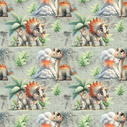 „Baumwollstoff mit Dino und Vulkan – Meterware fuer kreative Nähideen“