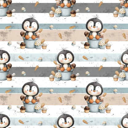 „Baumwollstoff mit Pinguin und Eis – Meterware fuer kreative Nähideen“