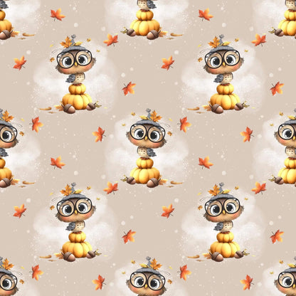„Baumwollstoff mit Eule auf Kürbis – Meterware für kreative Nähideen“
