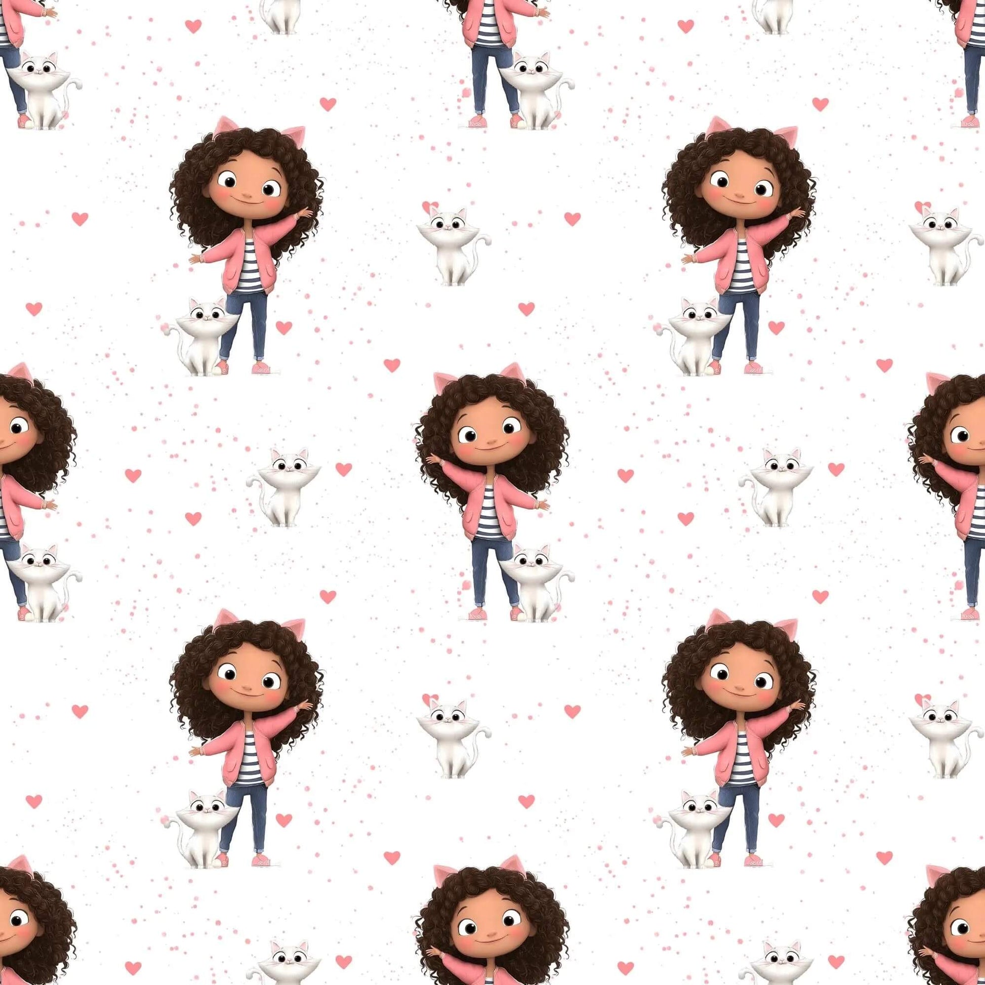 „Baumwollstoff mit Maedchen und Katze – Meterware fuer kreative Nähideen“