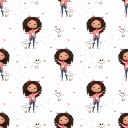 „Baumwollstoff mit Maedchen und Katze – Meterware fuer kreative Nähideen“