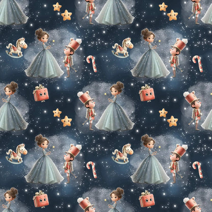 „Baumwollstoff mit Nussknacker-Motiv auf Sternenhimmel – Meterware für kreative Nähideen“