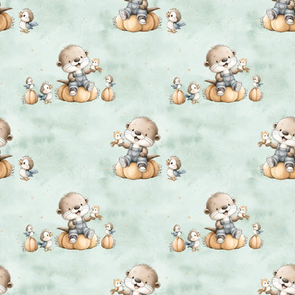 „Baumwollstoff mit Otter auf Kuerbis – Meterware fuer kreative Nähideen“