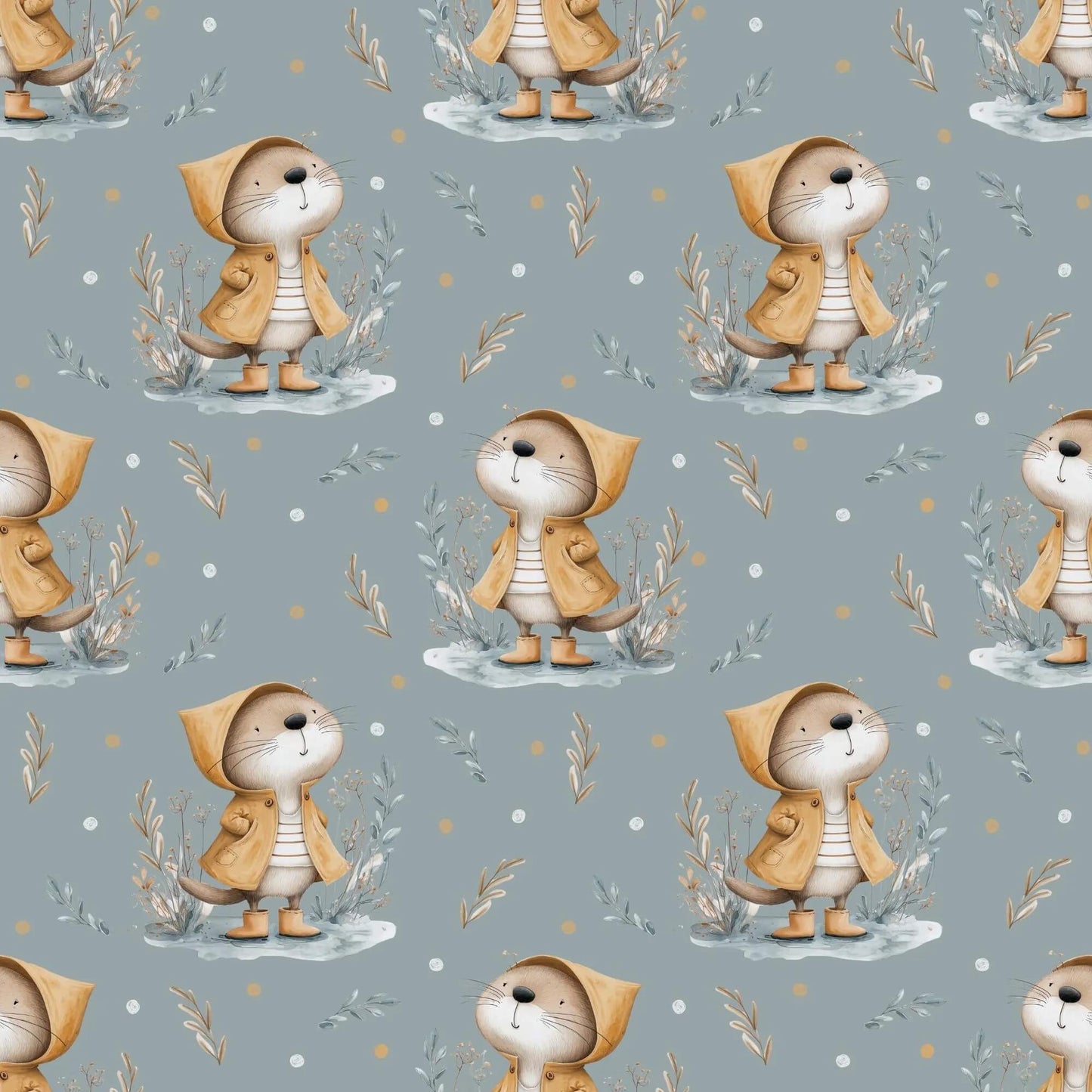 „Baumwollstoff mit Otter im Regen – Meterware für kreative Nähideen“