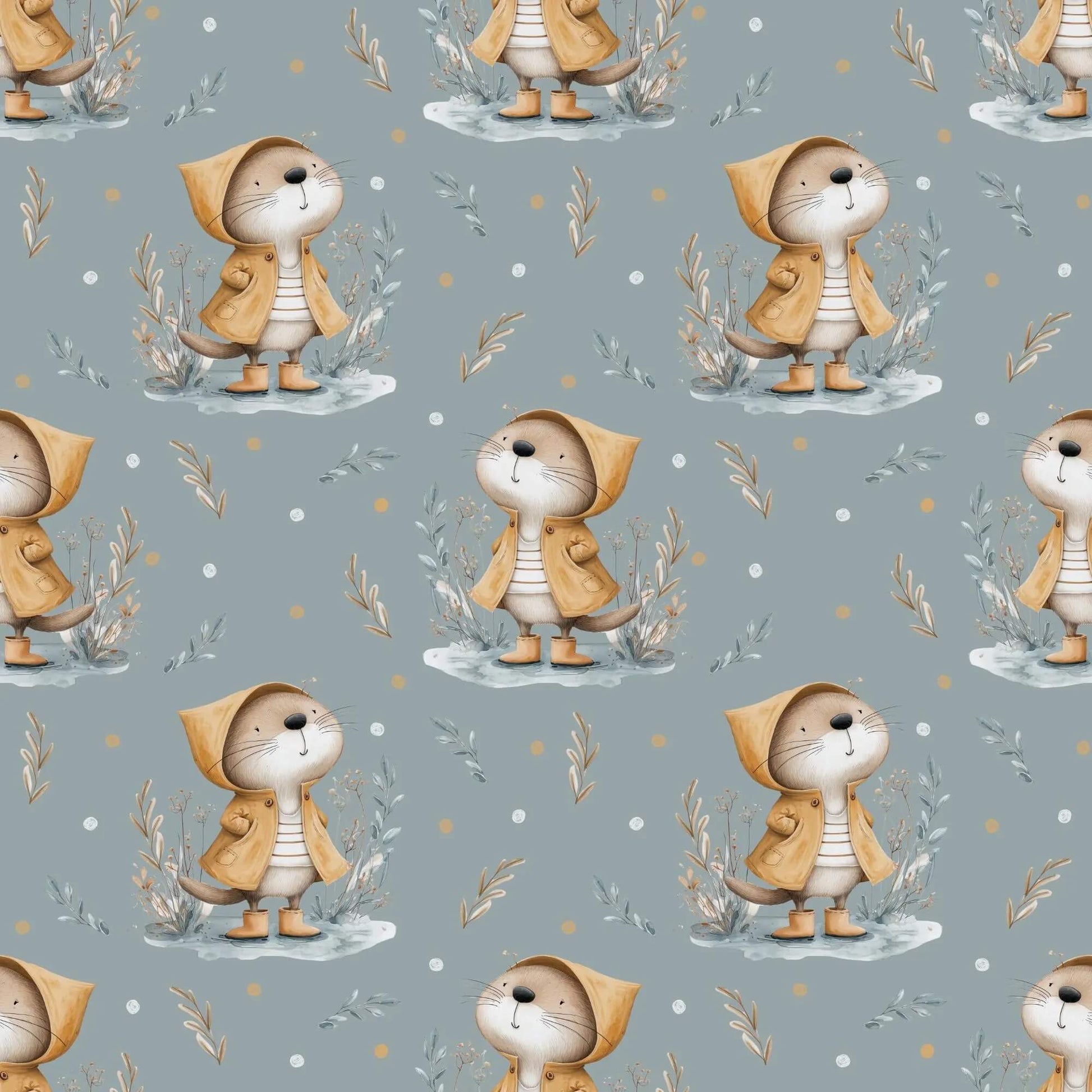 „Baumwollstoff mit Otter im Regen – Meterware für kreative Nähideen“