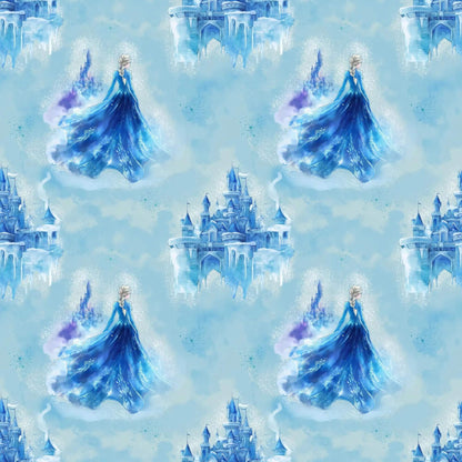 „Baumwollstoff mit Schneemaedchen und Palast – Meterware fuer kreative Nähideen“