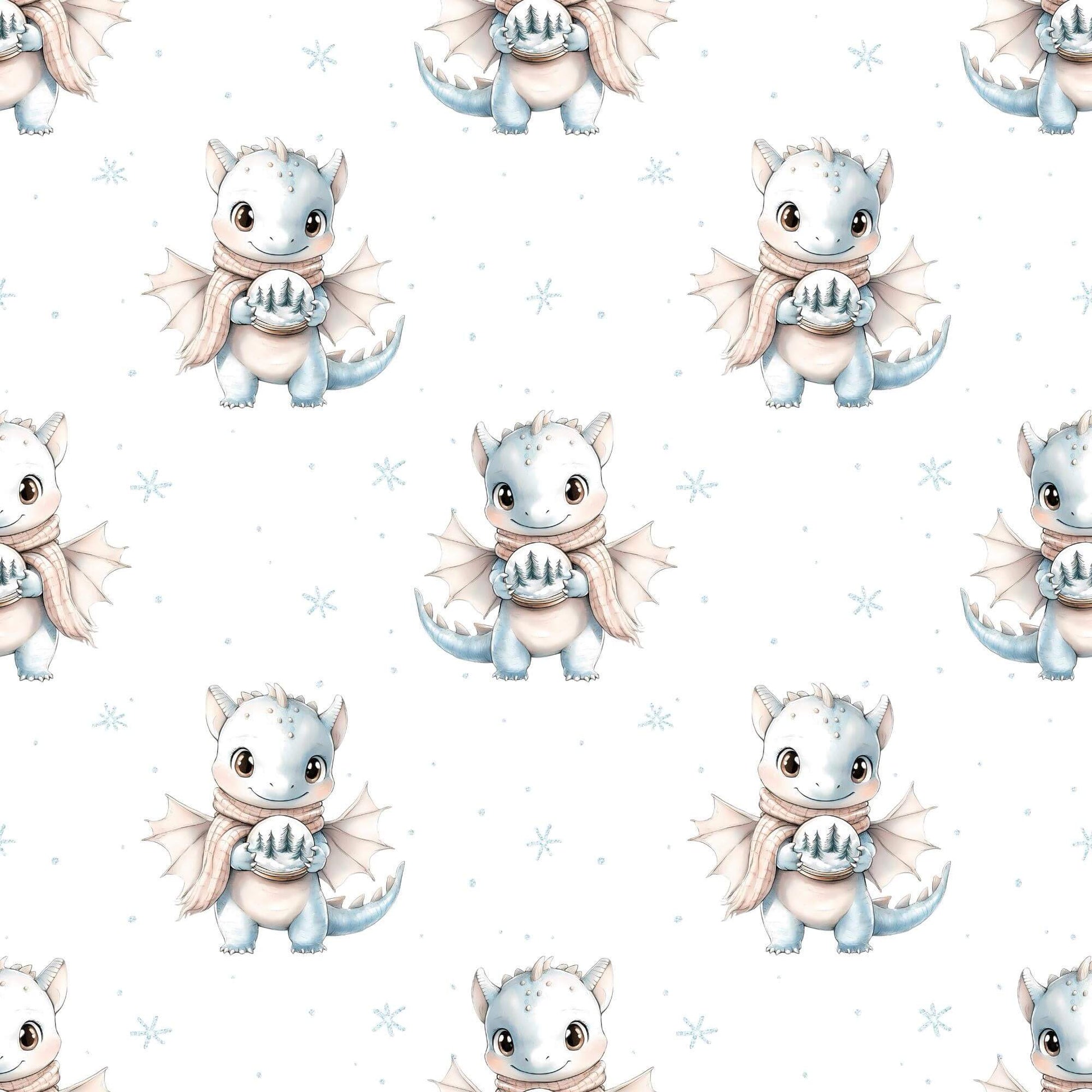 „Baumwollstoff mit Drachen und Schnee – Meterware fuer kreative Nähideen“