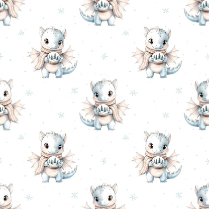 „Baumwollstoff mit Drachen und Schnee – Meterware fuer kreative Nähideen“