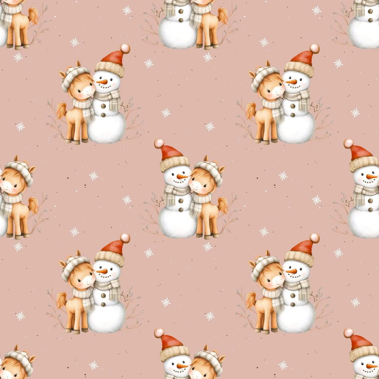 „Baumwollstoff mit Schneemann und Pferd – Meterware fuer kreative Nähideen“