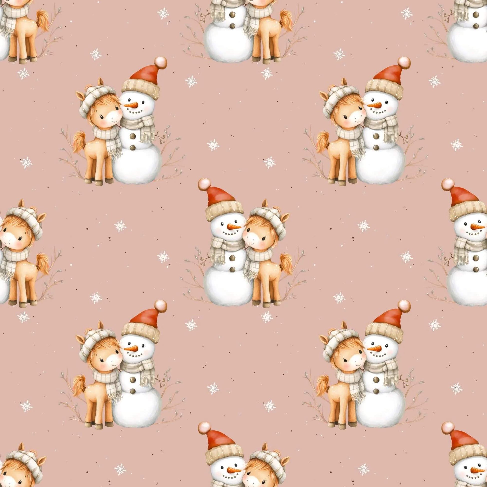 „Baumwollstoff mit Schneemann und Pferd – Meterware fuer kreative Nähideen“