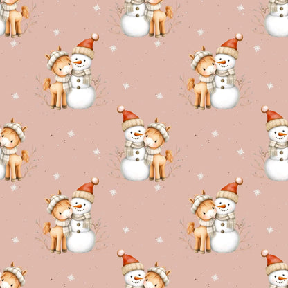 „Baumwollstoff mit Schneemann und Pferd – Meterware fuer kreative Nähideen“