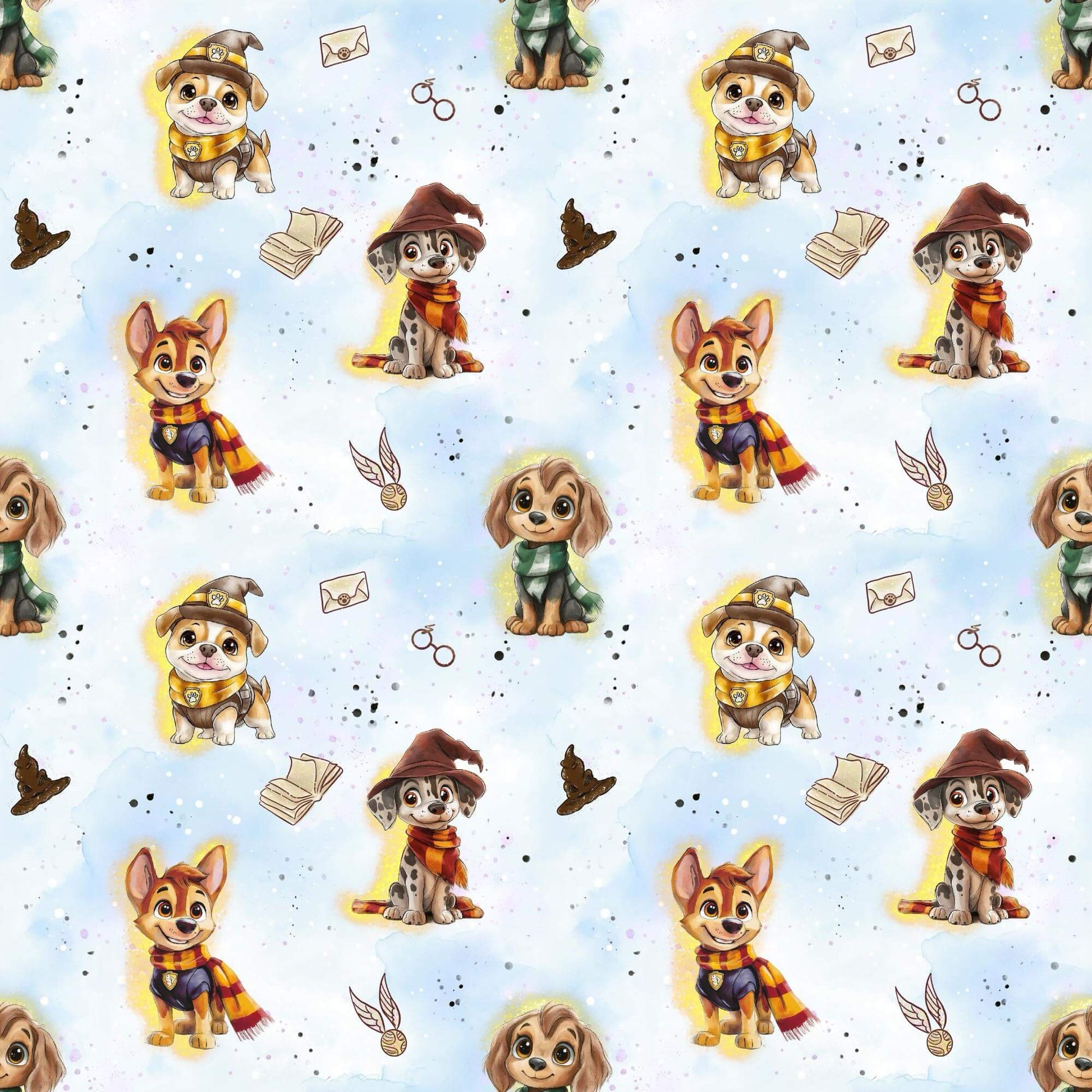 „Baumwollstoff mit Hund und Zauberbuch – Meterware fuer kreative Nähideen“