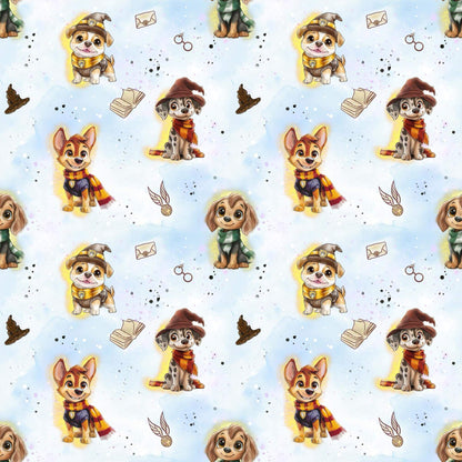 „Baumwollstoff mit Hund und Zauberbuch – Meterware fuer kreative Nähideen“