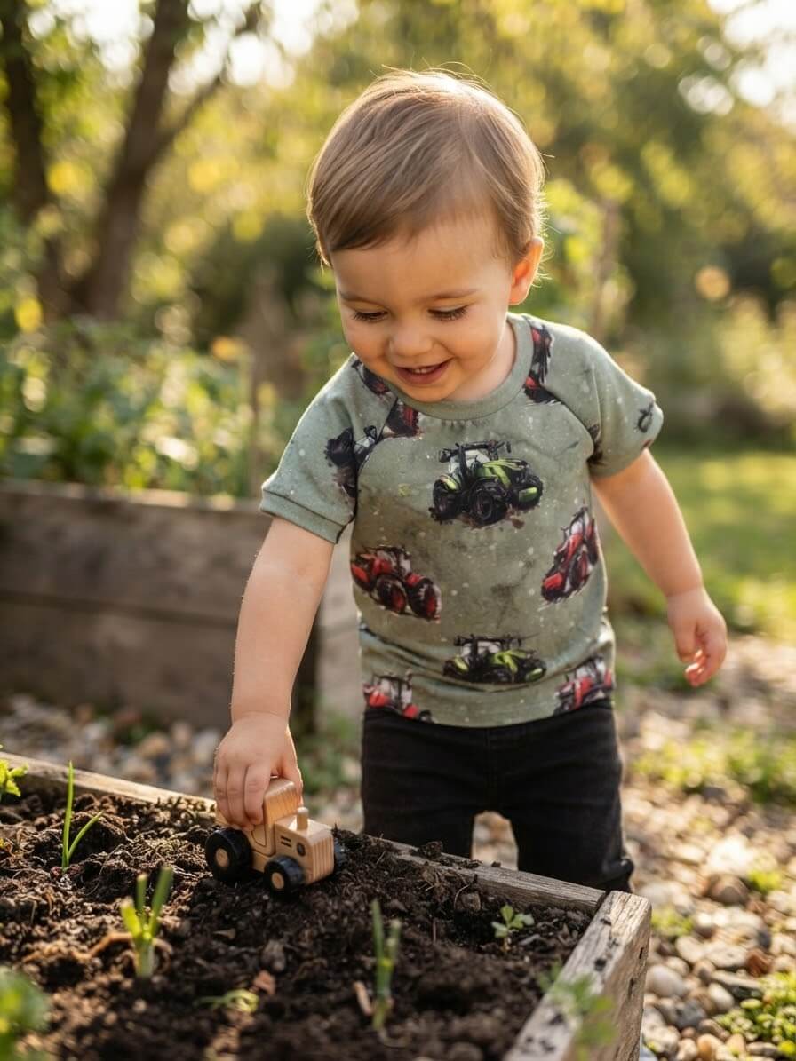 Grünes Jersey Kindershirt mit Traktor Eigenproduktion
