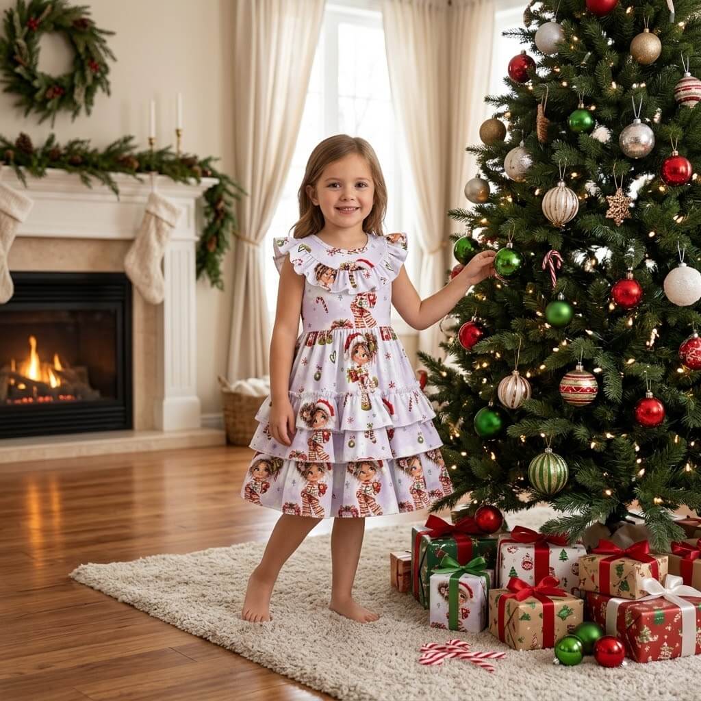 Kinderstoff Weihnachtsmädchen Kleid Mädchen Christbaum