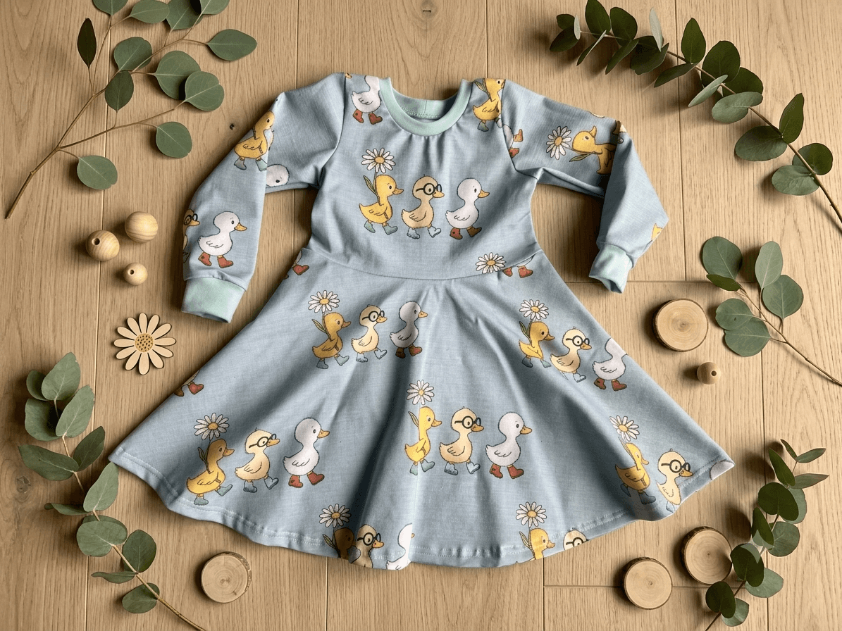 Grün-blaues Kinderkleid "Frühlingsbote" mit Entenmotiv, dekorativ drapiert