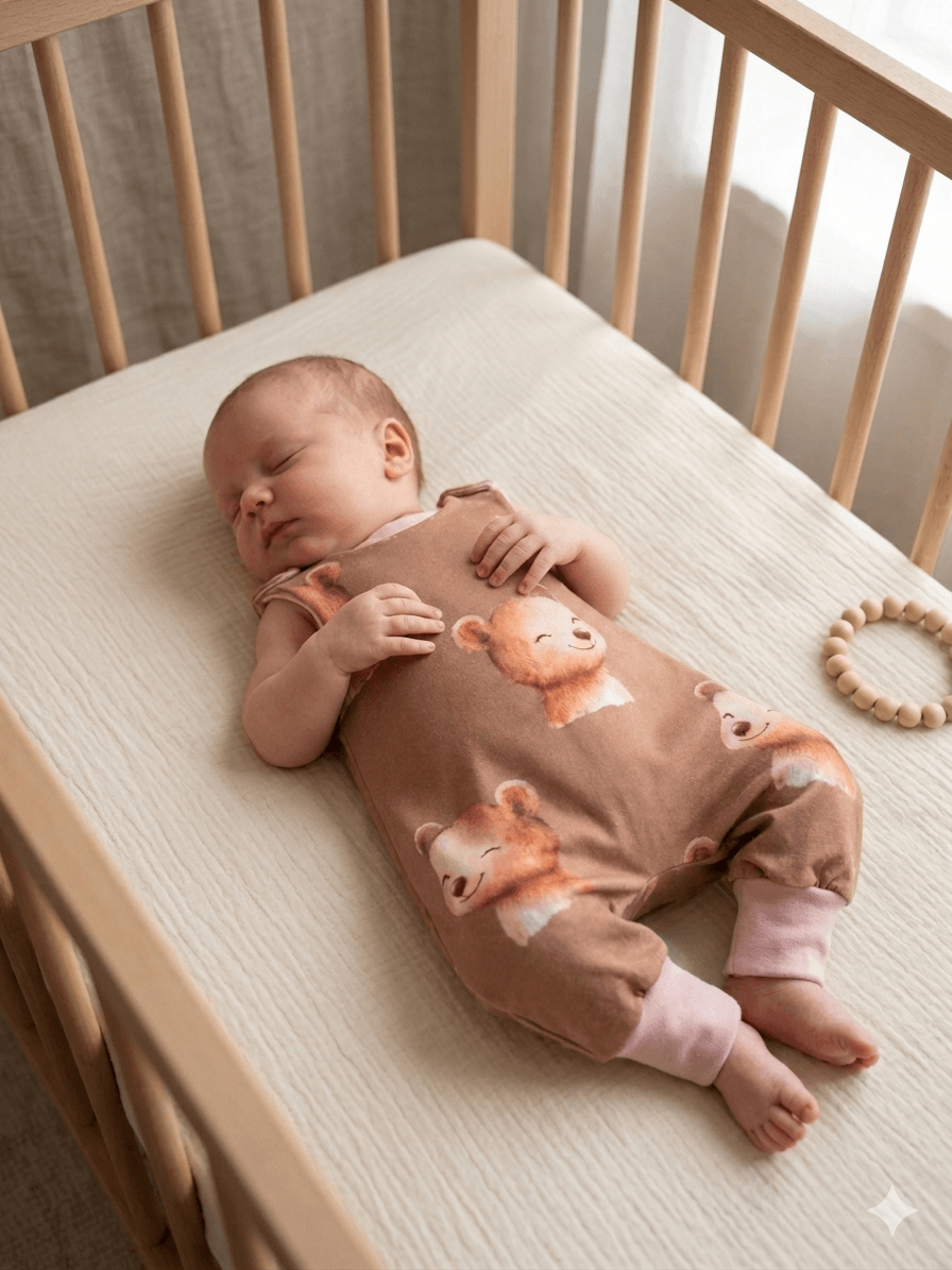 Alt-Text 1: Baby trägt braunen Strampler mit Bärenmotiv im Bett
