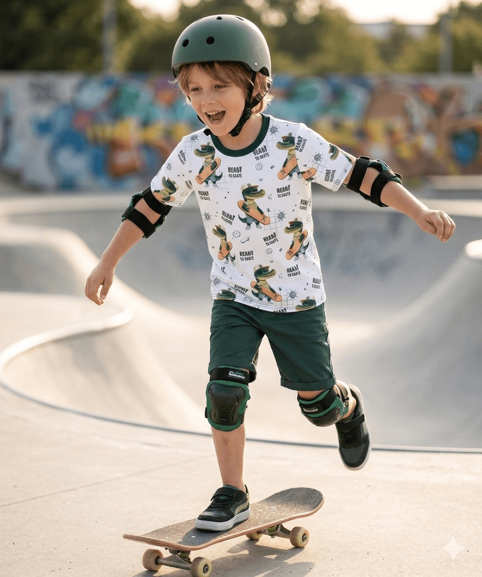 Alt-Text 1: Kinder T-Shirt Skater Kroko flach liegend auf Holzuntergrund

