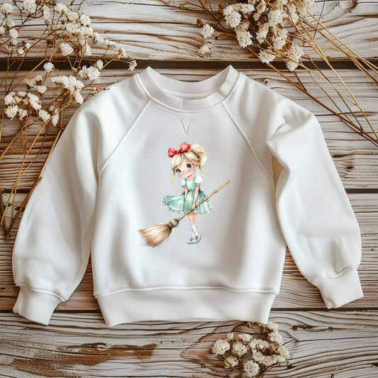 Weißer Kinder-Sweatshirt mit DTF Bügelbild Hexe auf Besen, Halloween Bügelmotiv 17x14 cm