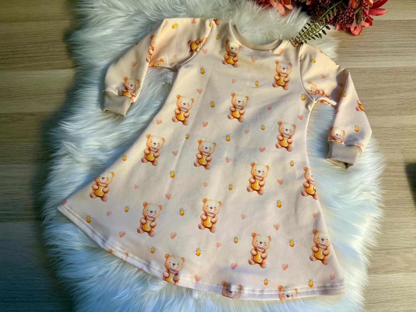Handmade Kinderkleid Größe 86 Honig Bär – Mädchen Kleid Langarm – Baby Kleid – Sofortkauf