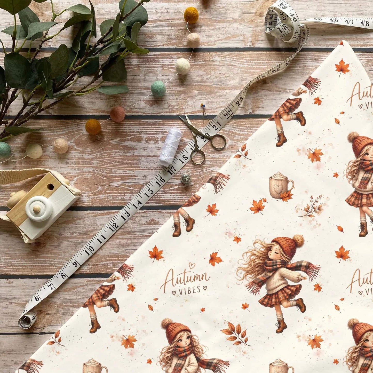 Blättertanz Kinderstoff Meterware mit Herbstmädchen und Ahornblättern Motiv, OEKO-TEX 100 Jersey Stoff für Baby- und Kindermode