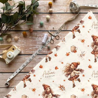 Blättertanz Kinderstoff Meterware mit Herbstmädchen und Ahornblättern Motiv, OEKO-TEX 100 Jersey Stoff für Baby- und Kindermode