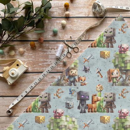 Blockbauer Baumwollstoff mit bunten Bausteinmotiven auf hellem Hintergrund